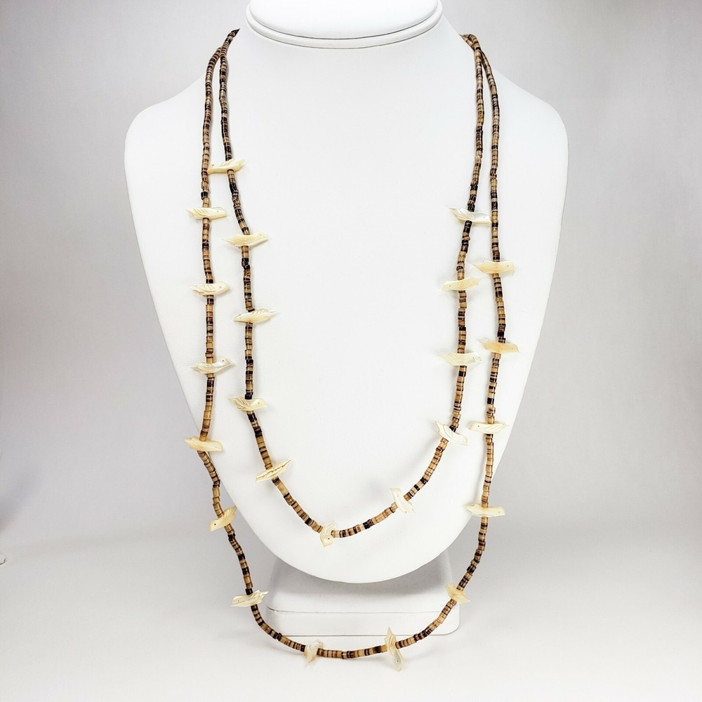 Vintage Fetish Necklace 25" Two Strand Mother‎ of Pearl Southwestern Bird Heishi
